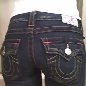 True Religion 25 Long Flap pocket Joey twist Boot Orange stitching Distressed